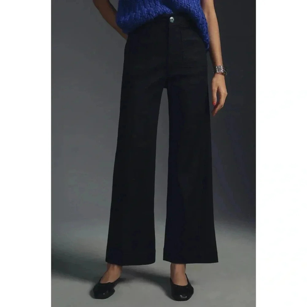 New Anthropologie The Colette Cropped Wide Leg Pants Maeve Linen Black 32 Tall
